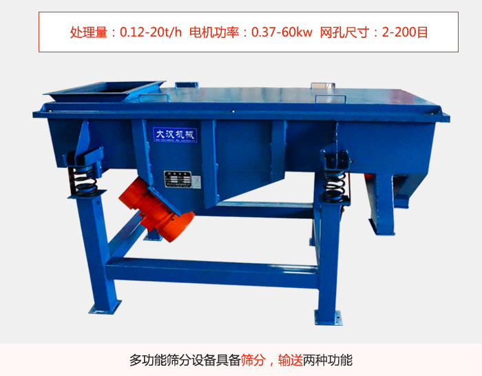 單層直線振動篩特點(diǎn)處理量：0.12-20t/h  電機(jī)功率：0.37-60kw  網(wǎng)孔尺寸：2-200目，多功能篩分設(shè)備具備篩分，輸送兩種功能。
